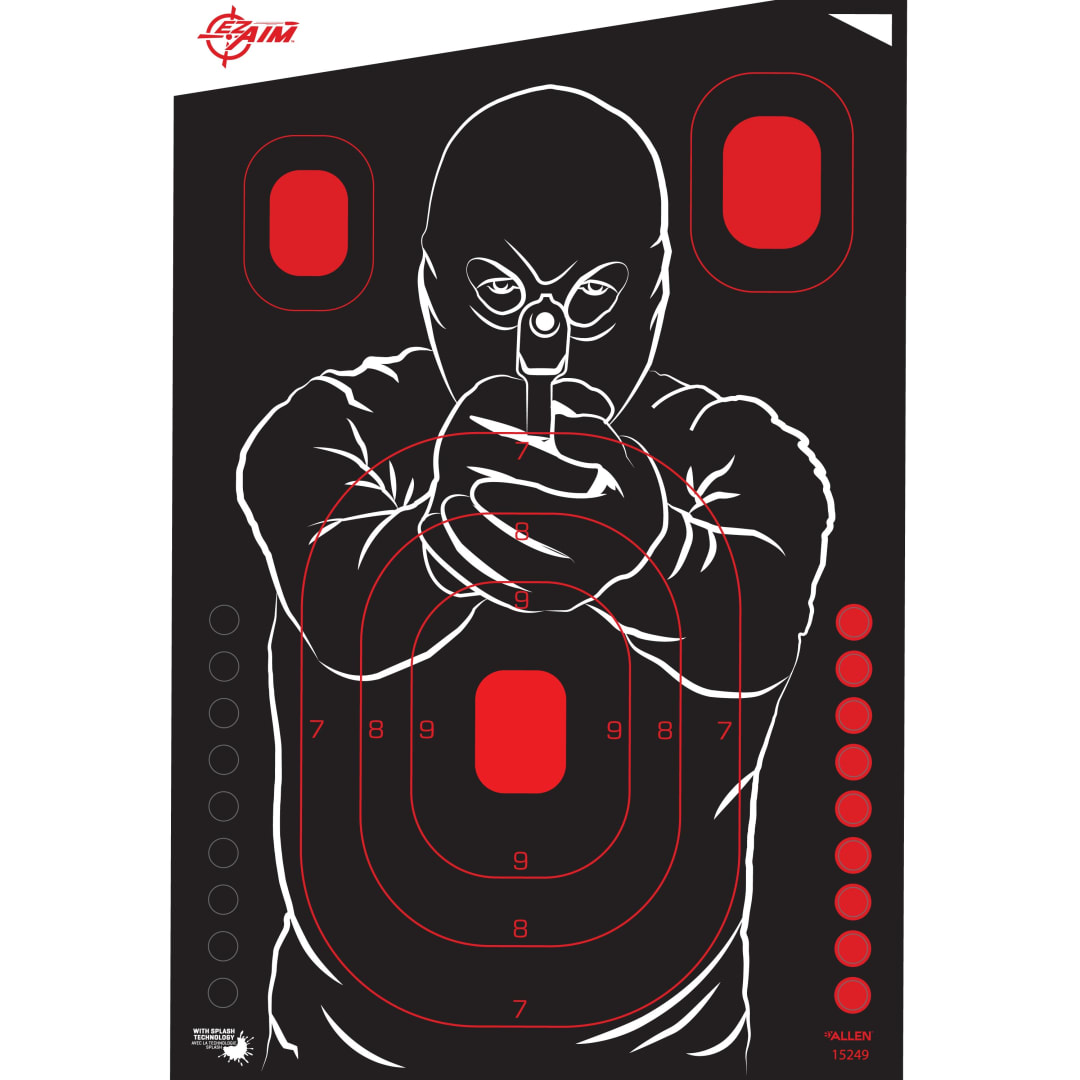 EZ Aim® Reactive Paper Shooting Targets Bad Guy Silhouette, Instant Yellow Impact Feedback, 12"x18" Pistol Rifle Training, 5-Pack Black/Red