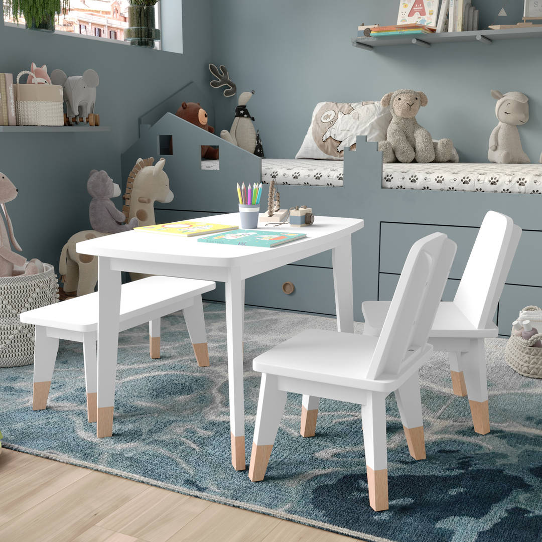 Kids 4-Piece Wood Table, 2 Chairs, and Bench Seating Set with Rounded Corners, White/Natural