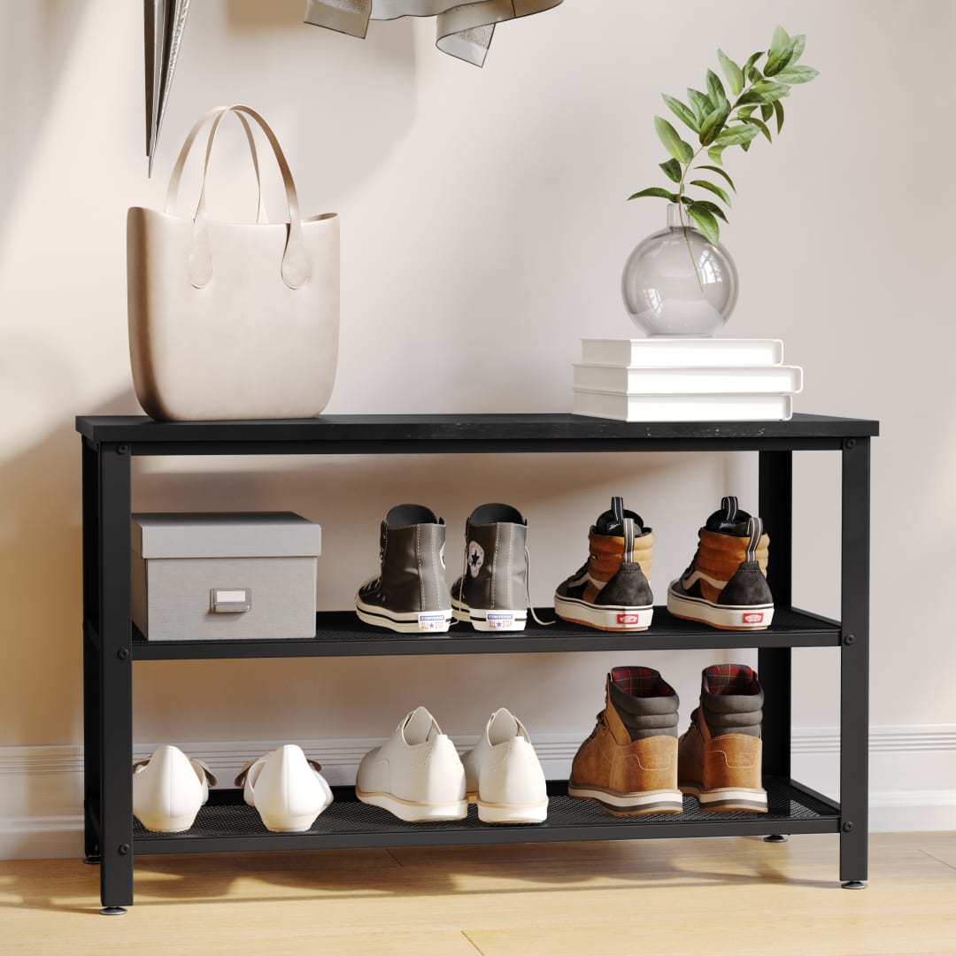 Easton 3-Tier Wooden Entryway Bench with Metal Mesh Shoe Storage Shelves for Entryway, Mudroom, or Bedroom in Blackwash with Black Metal Frame