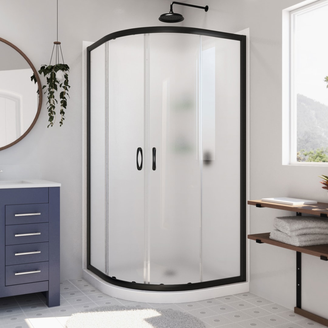 DreamLine Prime 33 inch x 33 inch x 76 3/4 inch Semi-Frameless Sliding Shower Enclosure in Matte Black and Frosted Glass, Shower Base, and Wall Kit in White