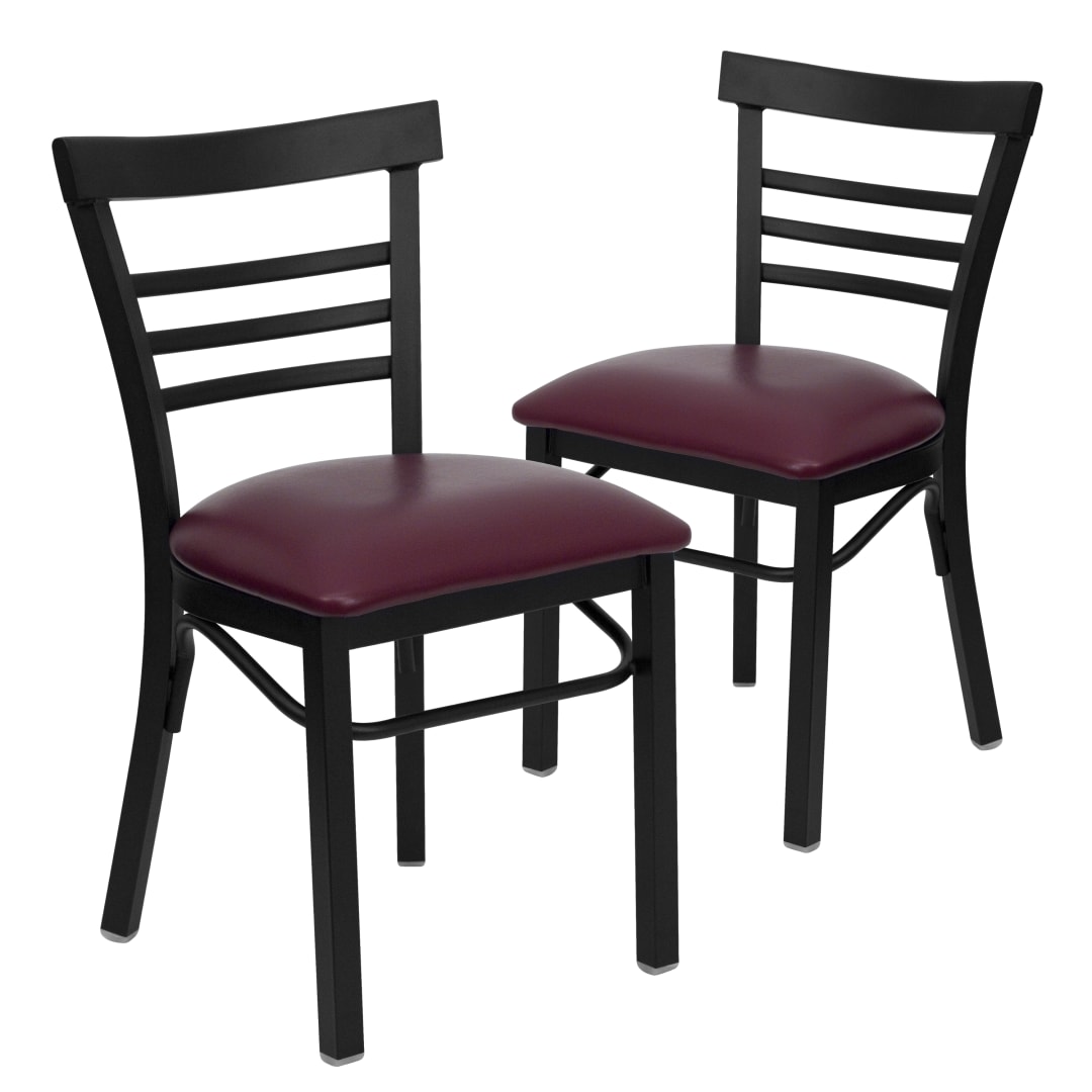 2 Pk. HERCULES Series Black Three-Slat Ladder Back Metal Restaurant Chair - Burgundy Vinyl Seat