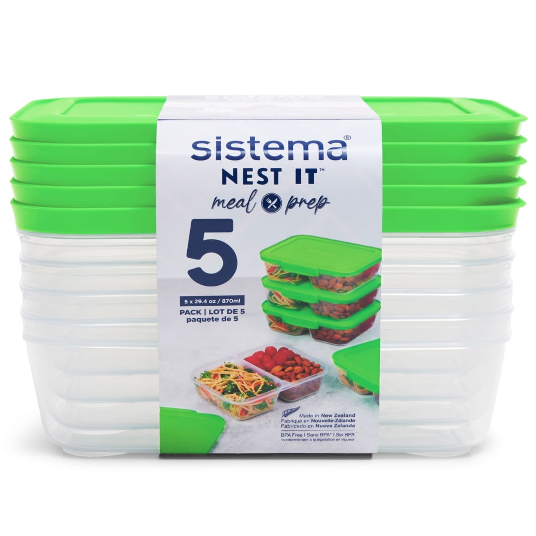 Sistema Nest It Meal Prep Containers, 870 mL, Green (Colour May Vary), 5 Pack