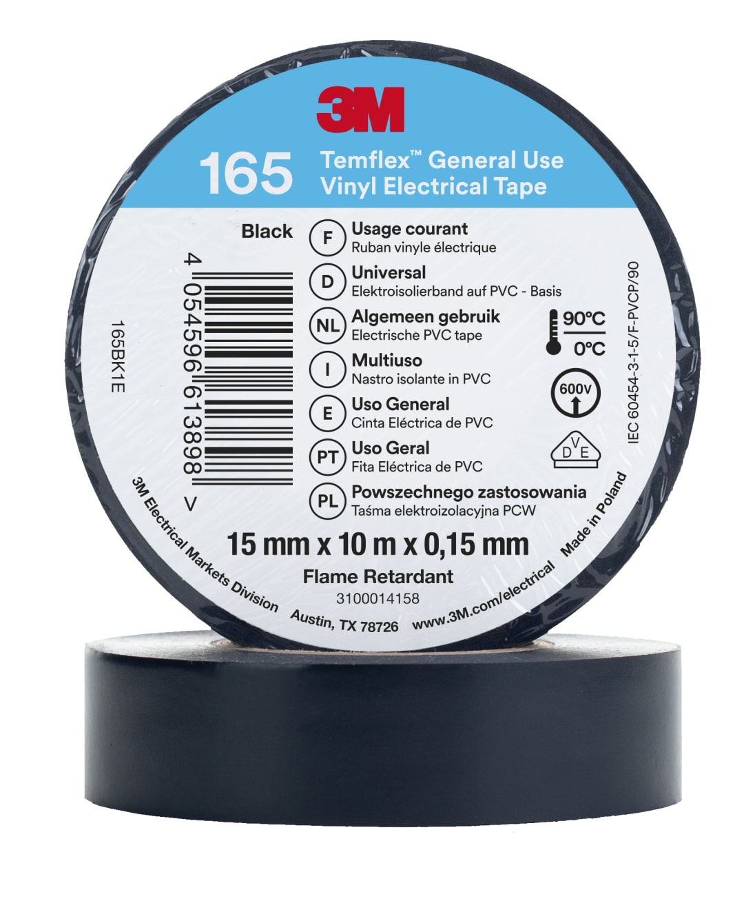 3M™ Temflex™ Vinil Elektrik Bandı 165, Siyah, 15 mm x 10 m