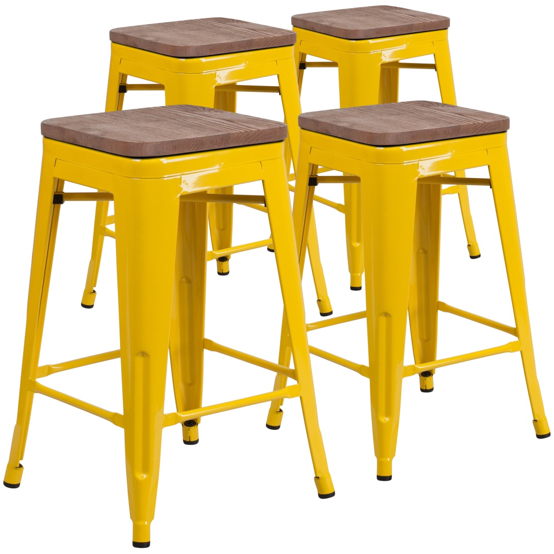 Lily 4 Pk. 24" High Backless Yellow Metal Counter Height Stool with Square Wood Seat