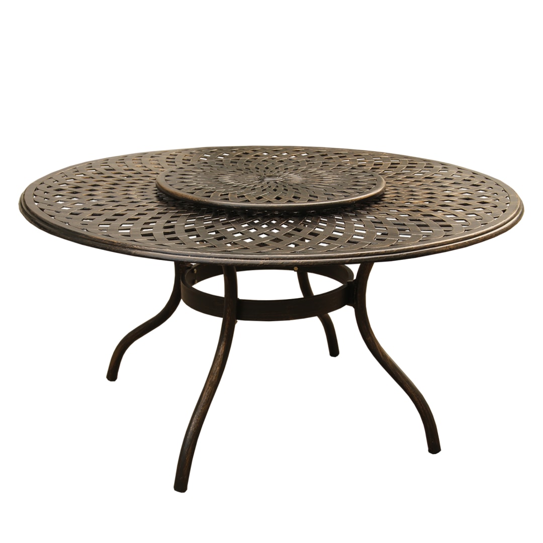 Contemporary Modern Outdoor Mesh Lattice Aluminum 59 inch Bronze Round Dining Table with Lazy Susan