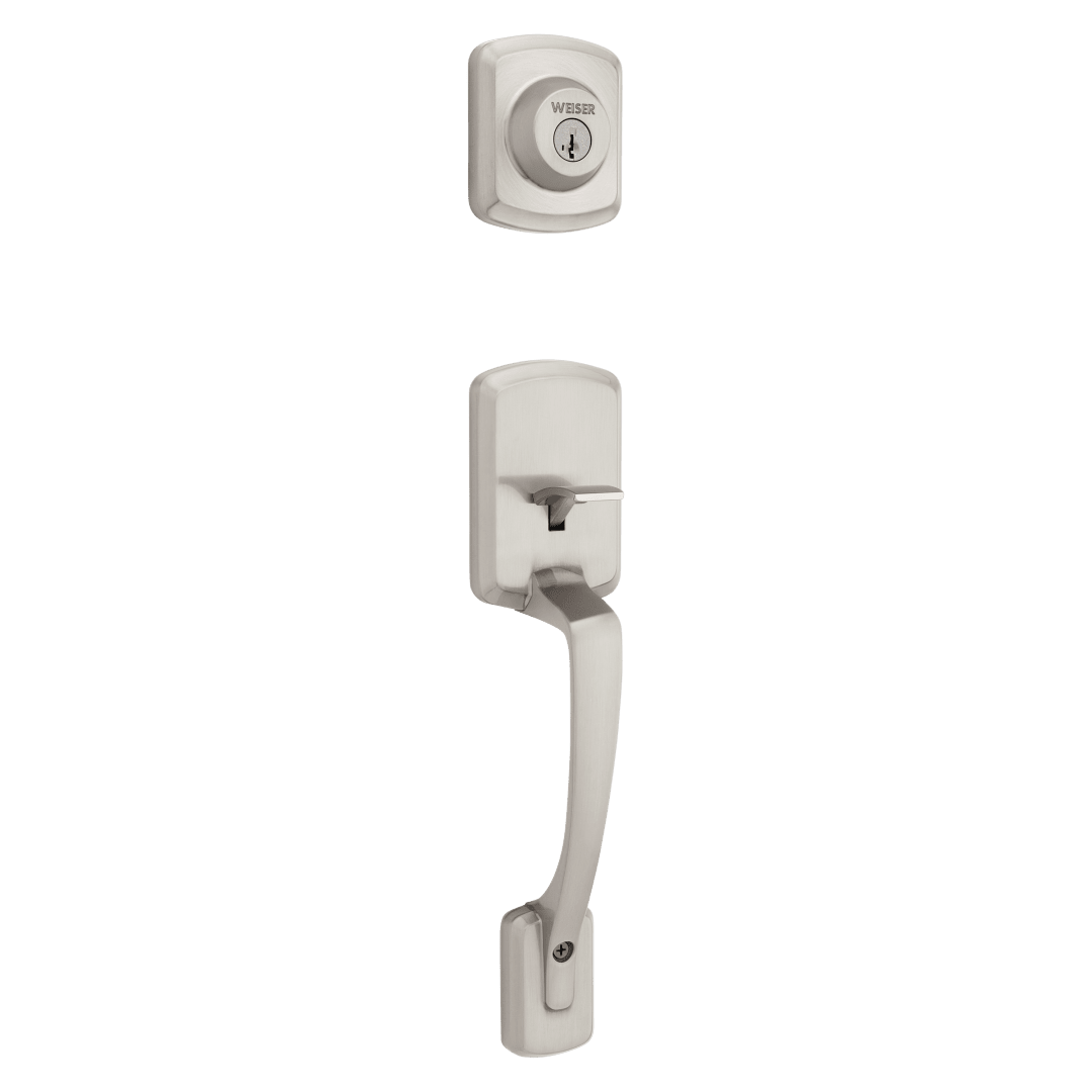 Henley Single Cylinder Handleset with Round Henley Lever featuring SmartKey Security™ in Satin Nickel