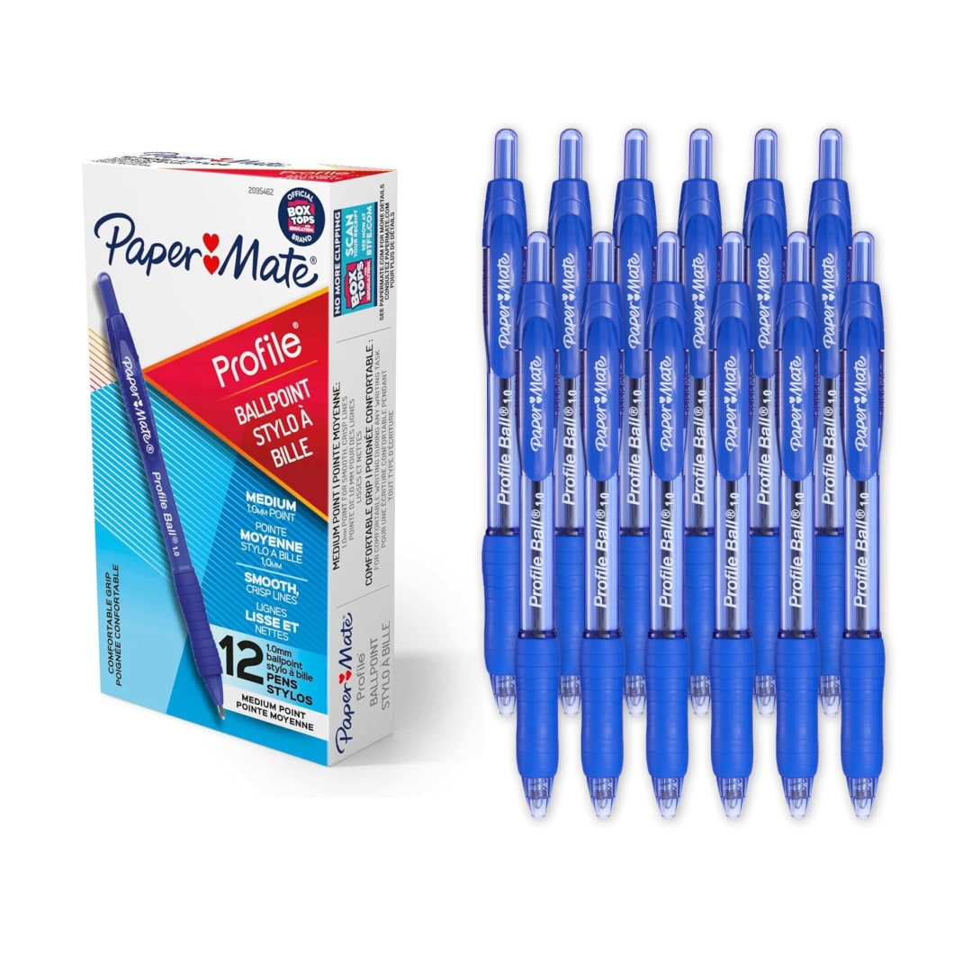 Paper Mate® Ballpoint Pen, Profile Retractable Pen, Medium Point (1.0mm), Blue, 12 Count