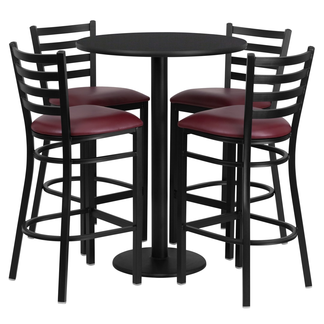 Jamie 30'' Round Black Laminate Table Set with Round Base and 4 Ladder Back Metal Barstools - Burgundy Vinyl Seat