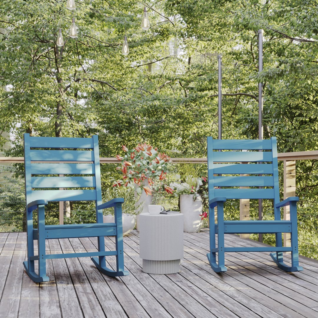 Manchester Set of 2 Contemporary Rocking Chairs, All-Weather HDPE Indoor/Outdoor Rockers in Blue