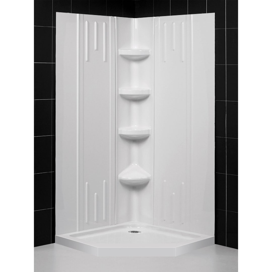 DreamLine 42 inch D x 42 inch W x 75 5/8 inch H Corner Drain Neo-Angle Shower Base and QWALL-2 Wall Kit in White