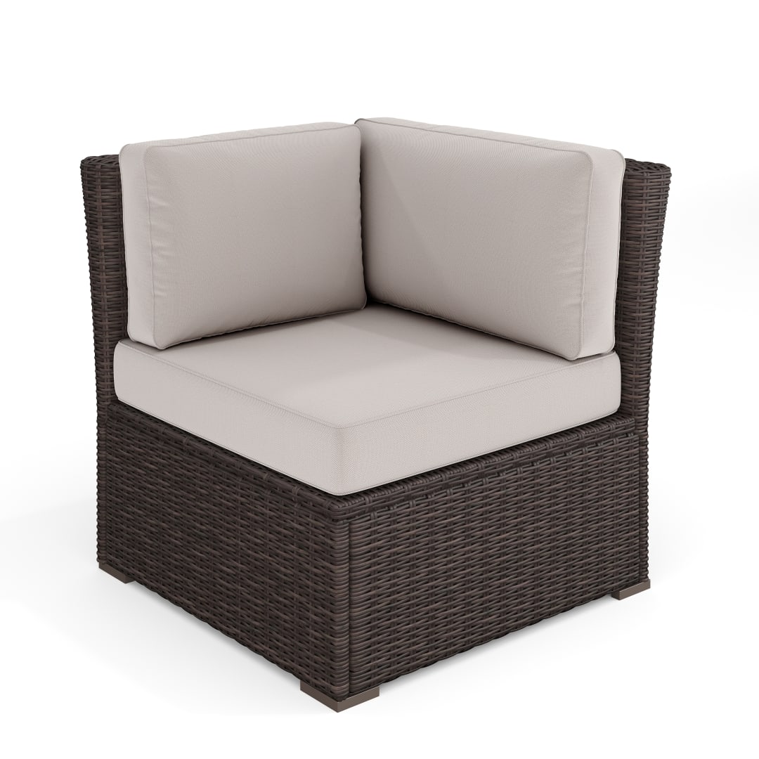 Bedford Indoor-Outdoor Modular Patio Sectional Sofa Corner Seat in Brown Rattan Wicker with Tan All-Weather Cushions