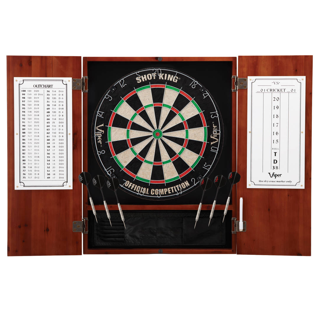Viper Metropolitan Sisal Fiber Bristle Dartboard and Cabinet Bundle: Standard Set (Shot King Dartboard), Cinnamon Finish