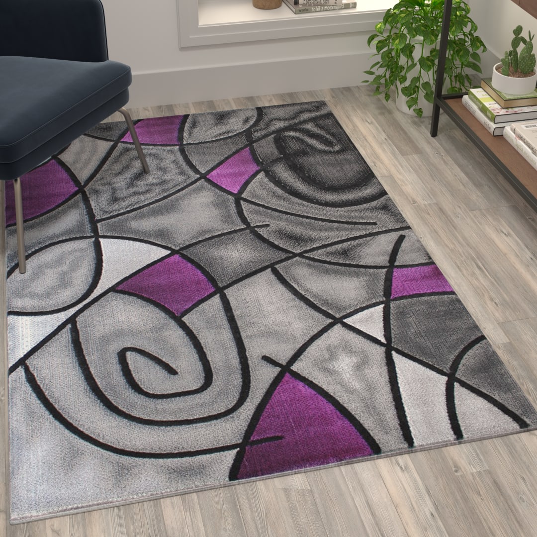 Jubilee Collection 3' x 5' Purple Abstract Area Rug - Olefin Rug with Jute Backing - Living Room, Bedroom, &amp; Family Room