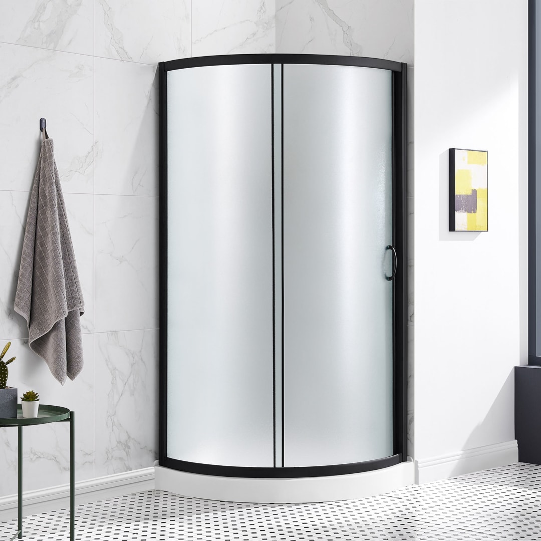 Breeze 33 in. L x 33 in. W x 77 in. H Round Corner Shower Kit in Black with Frosted Glass Glass Sliding Door and Shower Base Pan (Walls not Included)