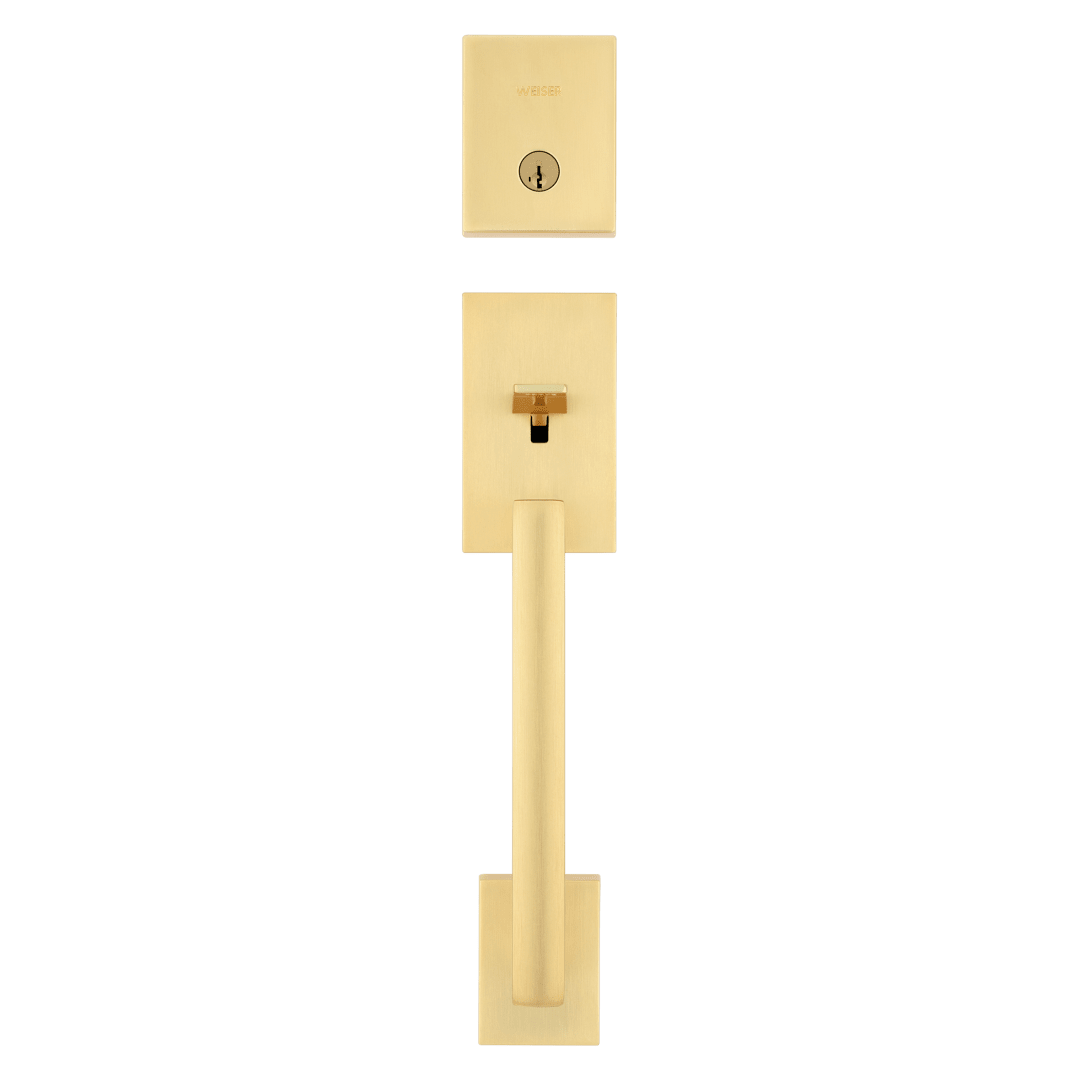 San Clemente Single Cylinder Handleset w/ Halifax Lever featuring SmartKey Security™ in Satin Brass