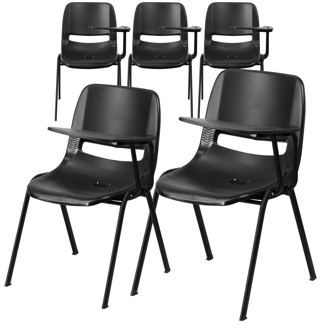 HERCULES 5 Pack Black Ergonomic Shell Chair with Left Handed Flip-Up Tablet Arm