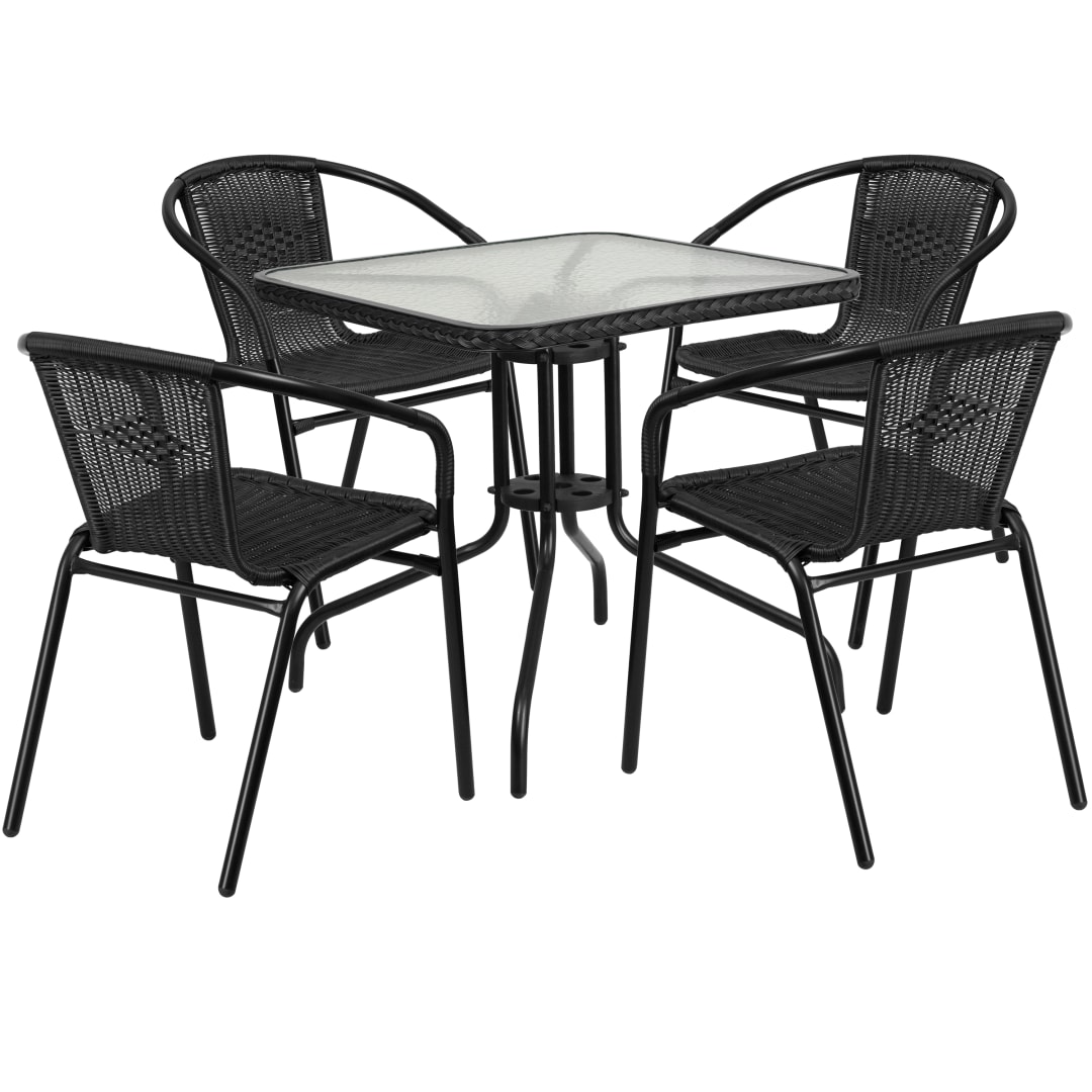 Lila 28'' Square Glass Metal Table with Black Rattan Edging and 4 Black Rattan Stack Chairs