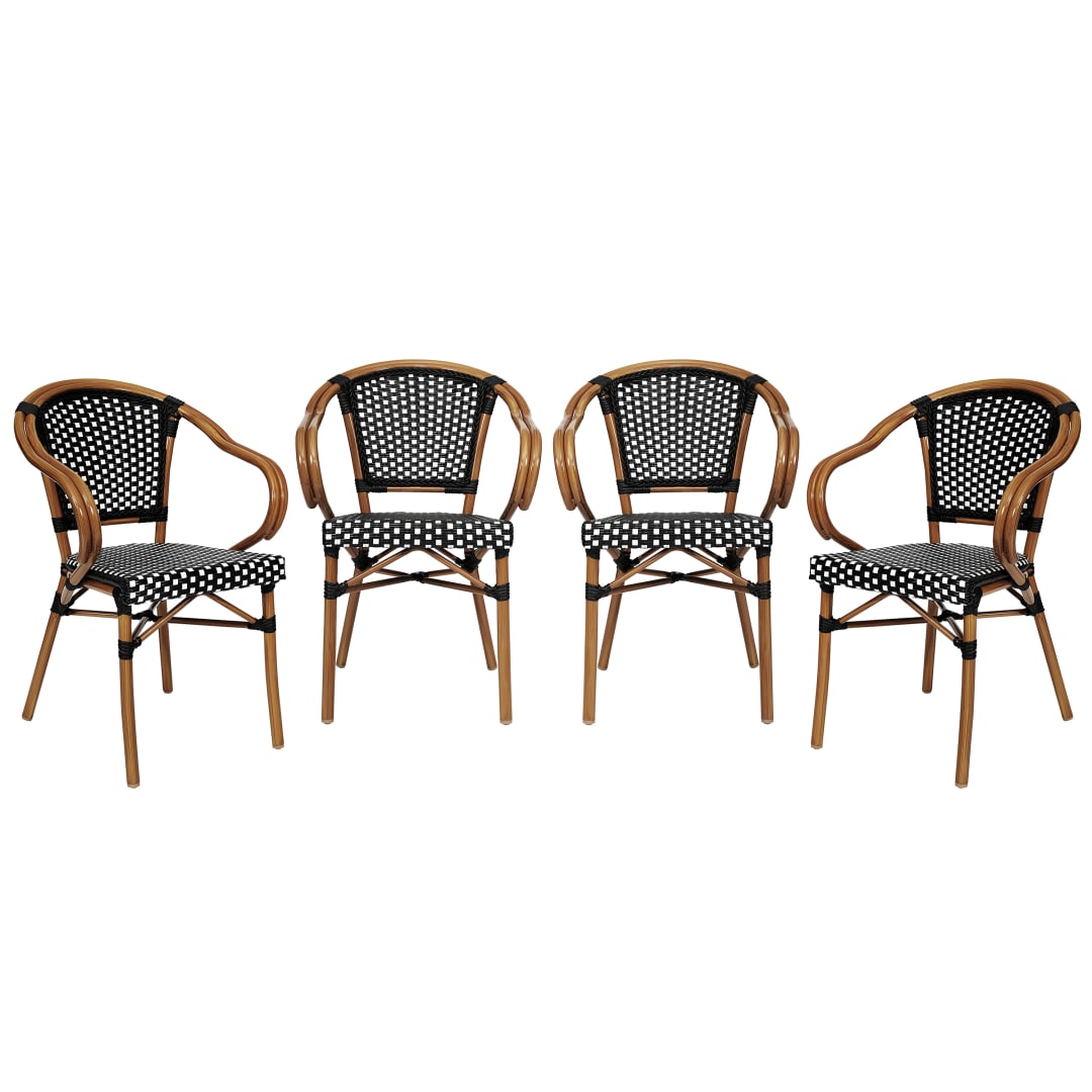4 Pack Bordeaux Indoor/Outdoor Commercial Bistro Stacking Chair with Arms, Black and White PE Rattan and Bamboo Print Aluminum Frame in Natural