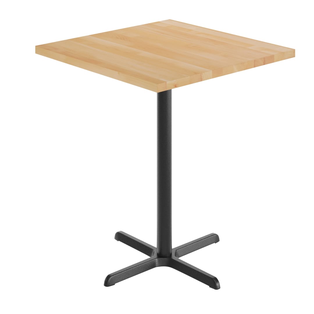 Bennett 36" Square Solid Wood Commercial Indoor Tabletop in Natural with 30" x 30" Bar Height Rust-Resistant Black Cast Iron X-Base