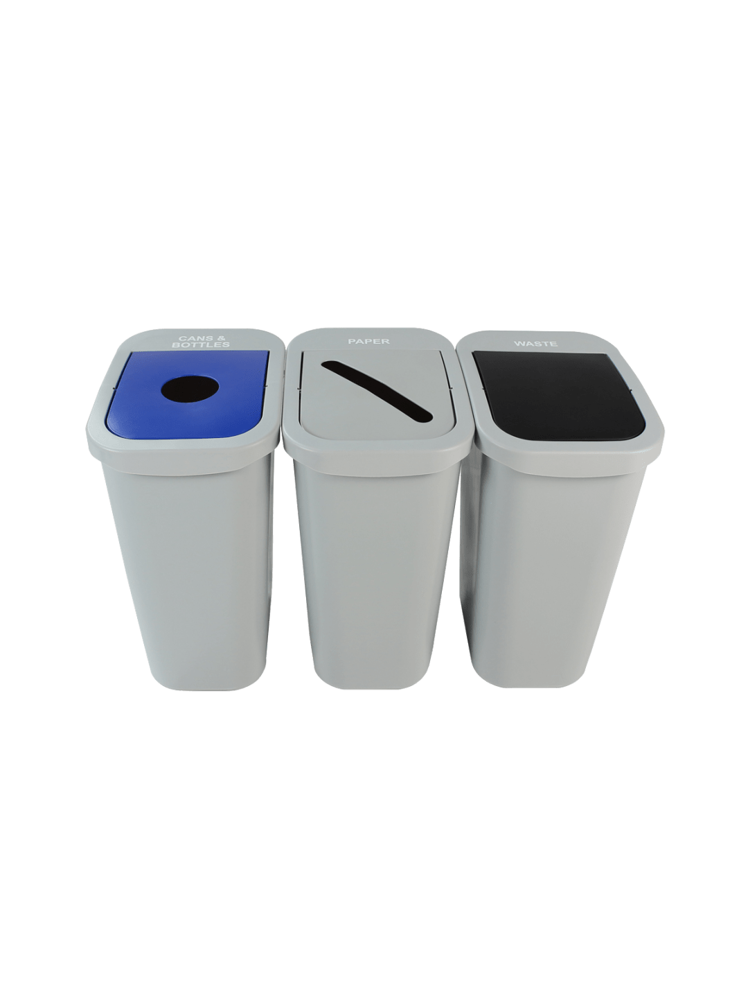  BILLI BOX - Triple - Kit - 10 G - Cans & Bottles-Paper-Waste - Circle-Slot-Swing - Grey-Blue-Grey-Black