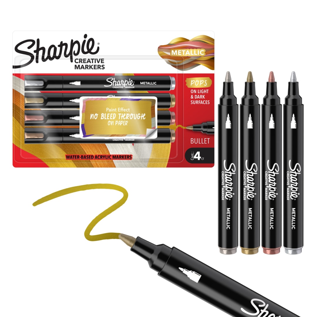 Sharpie Creative Markers, Metallic Markers, Water-Based Acrylic Markers, Bullet Tip, Assorted, 4 Count