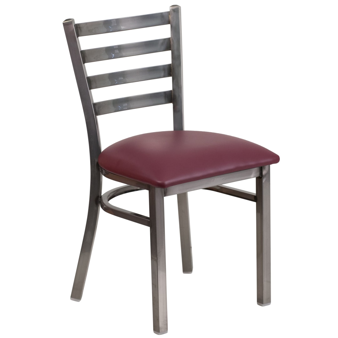 HERCULES Series Silver Antique Finish with Clear Coat Ladder Back Metal Restaurant Chair - Burgundy Vinyl Seat