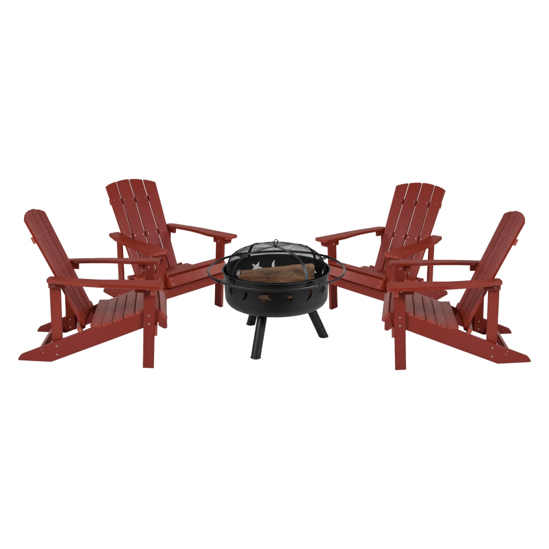 5 Piece Charlestown Red Commercial Poly Resin Wood Adirondack Chair Set with Fire Pit - Star and Moon Fire Pit with Mesh Cover