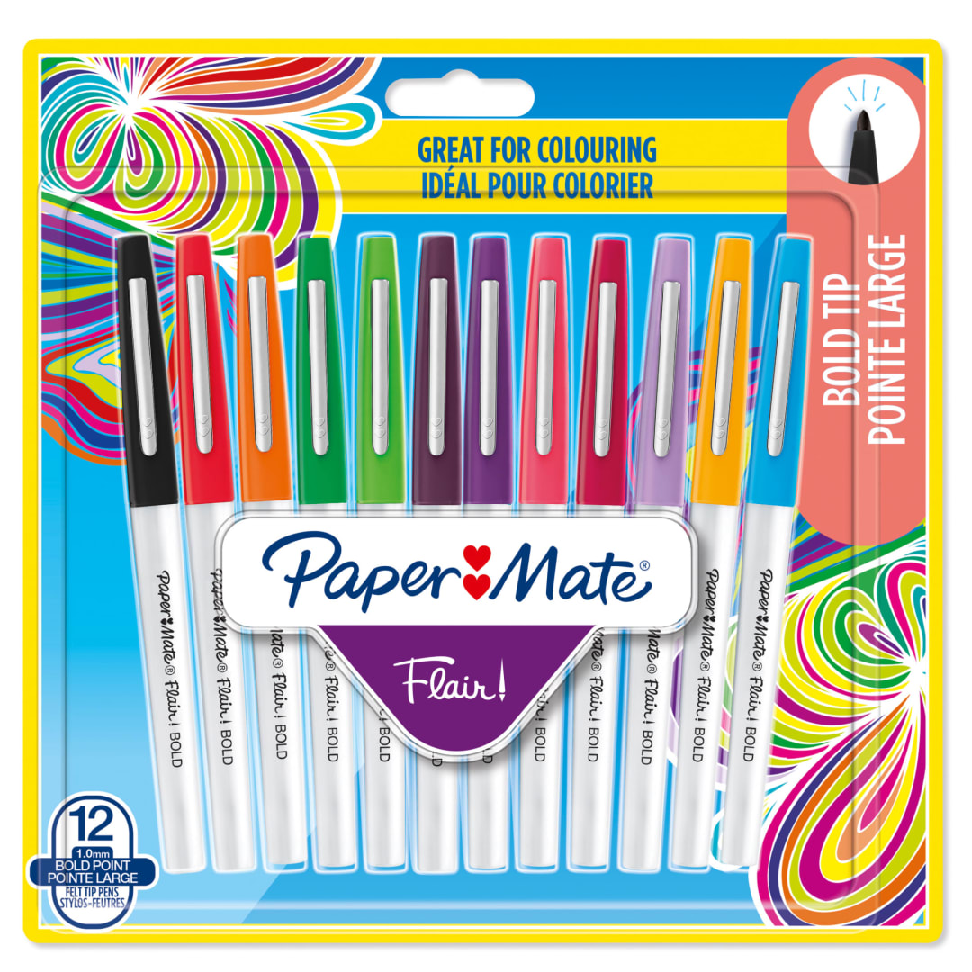 Paper Mate Flair Felt Tip Pens | Bold Tip (1.2 mm) | Assorted Colours | 12 Count