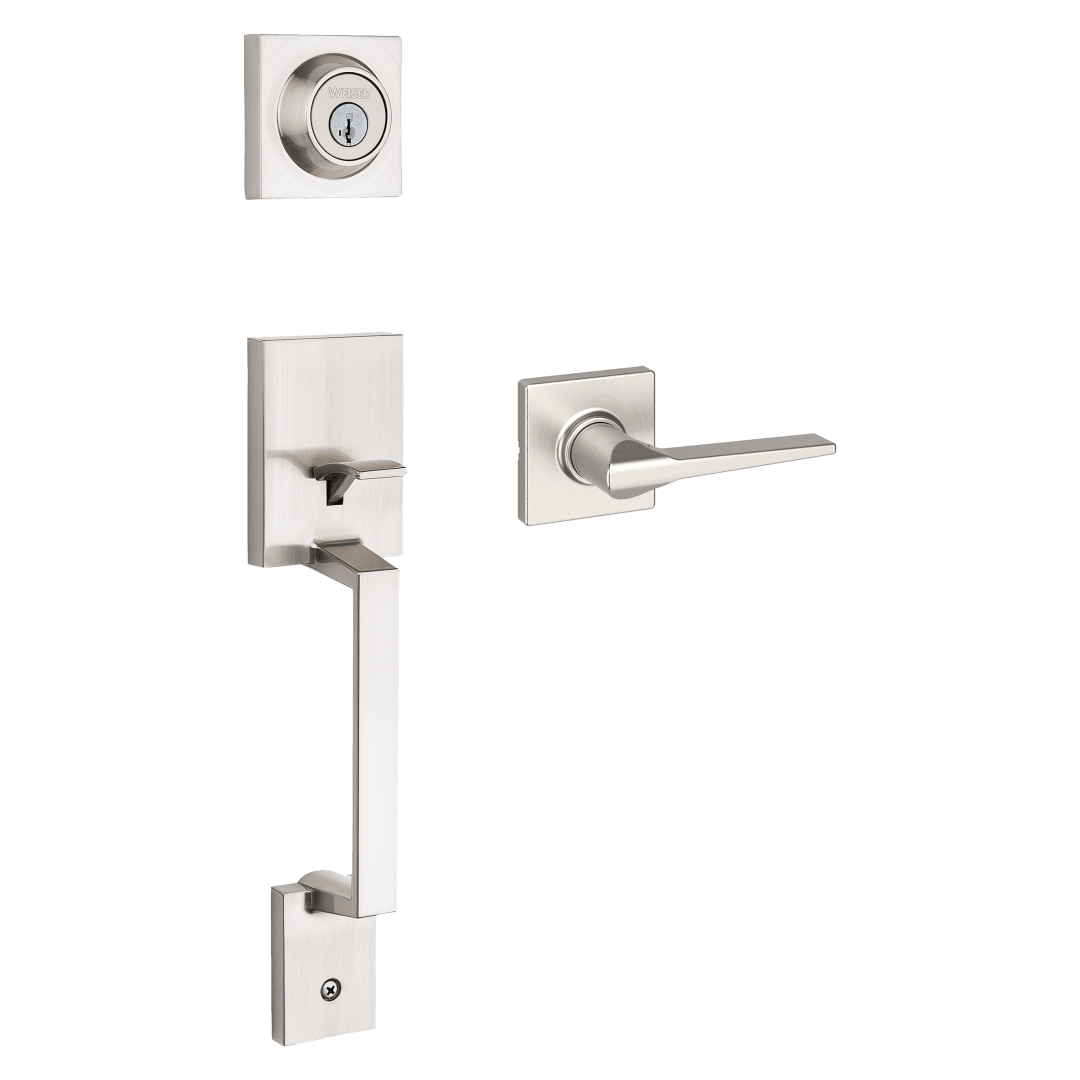 Amador Single Cylinder Handleset with Hollis Lever featuring SmartKey Security™ Security in Satin Nickel