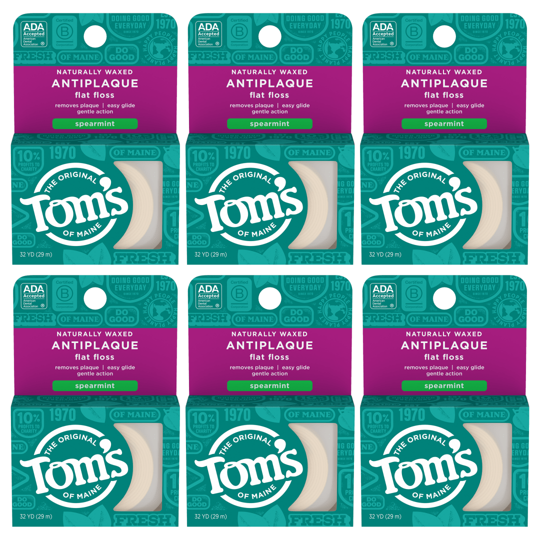 Tom's of Maine Naturally Waxed Antiplaque Flat Dental Floss, Spearmint, 32 Yards 6-Pack