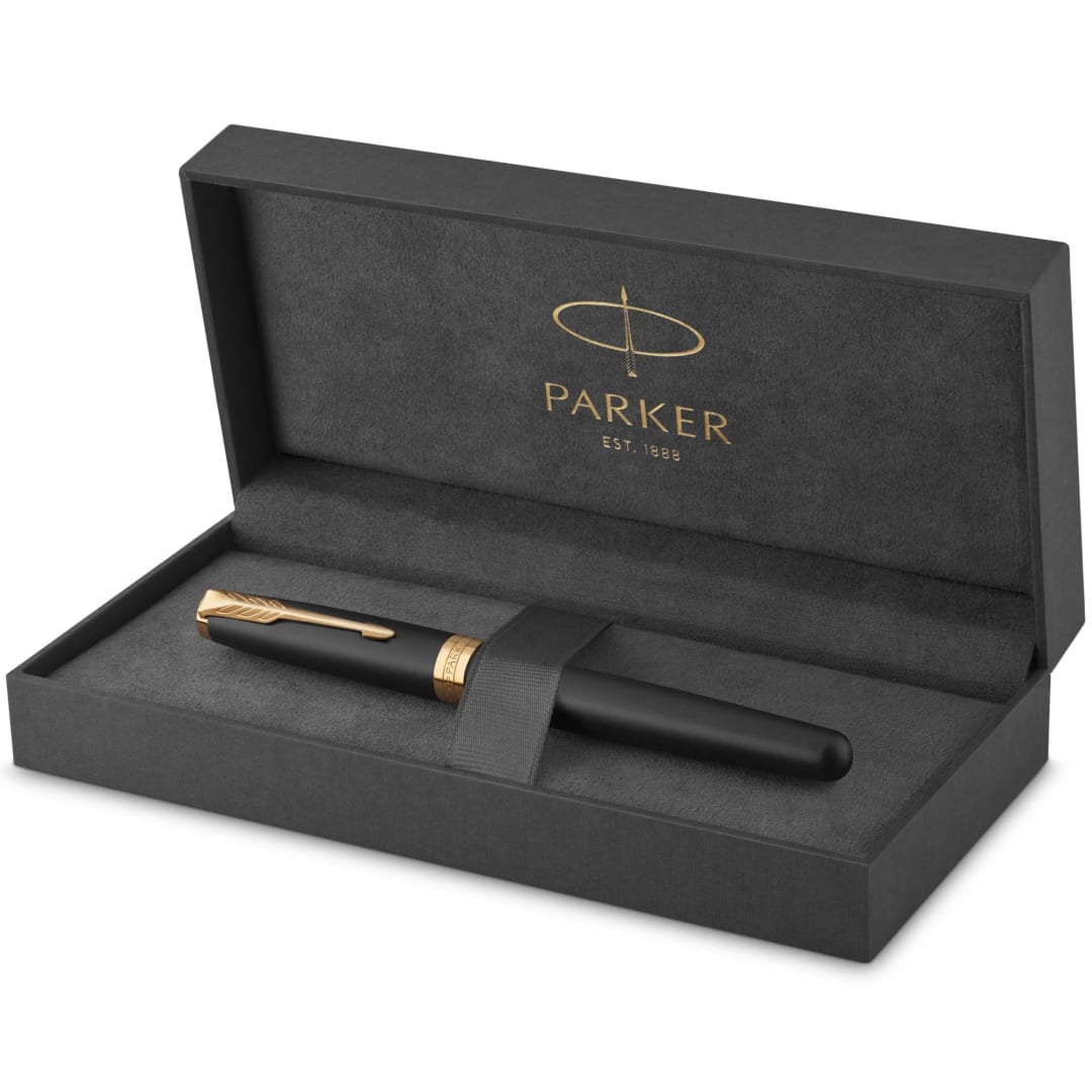 Parker Sonnet RollerBall® Pen | Matte Black Lacquer with Gold Trim | Fine Point Black Ink | Gift Box