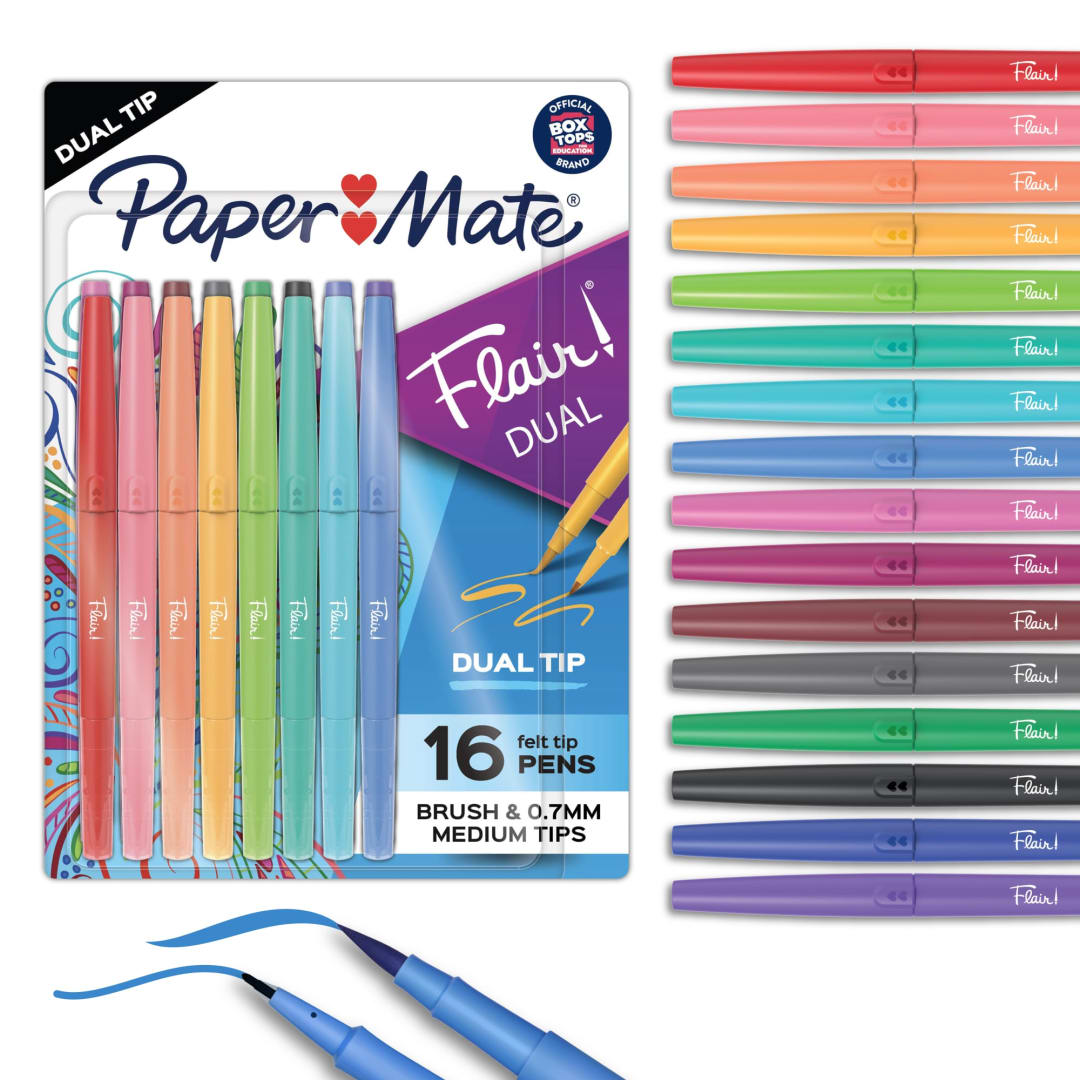 Paper Mate Flair DUAL Felt Tip Pens, Brush and Medium Tips, Assorted Colors, 16 Count