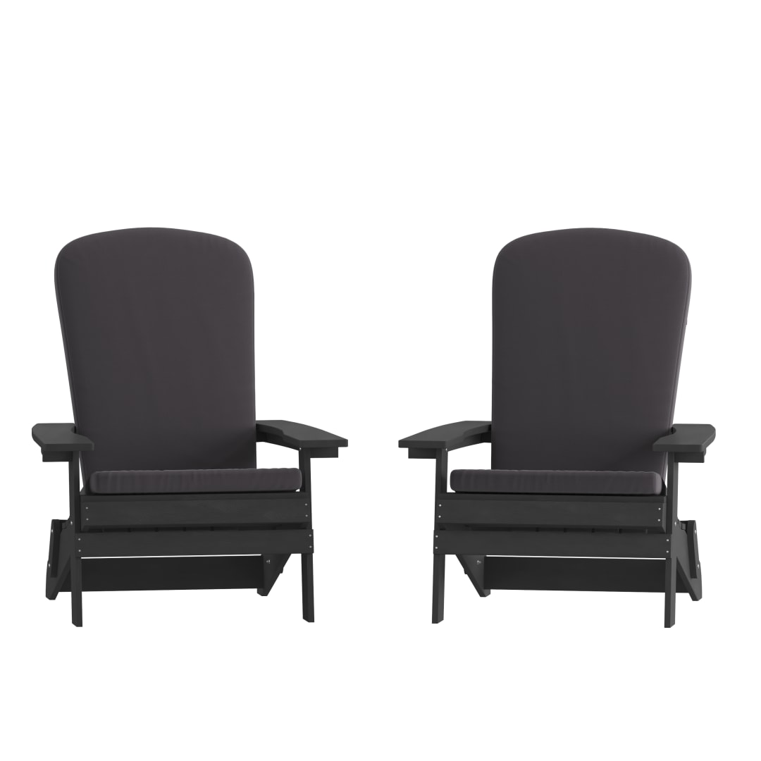Charlestown Set of 2 All-Weather Poly Resin Indoor/Outdoor Folding Adirondack Chairs in Black with Gray Cushions for Deck, Porch, and Patio
