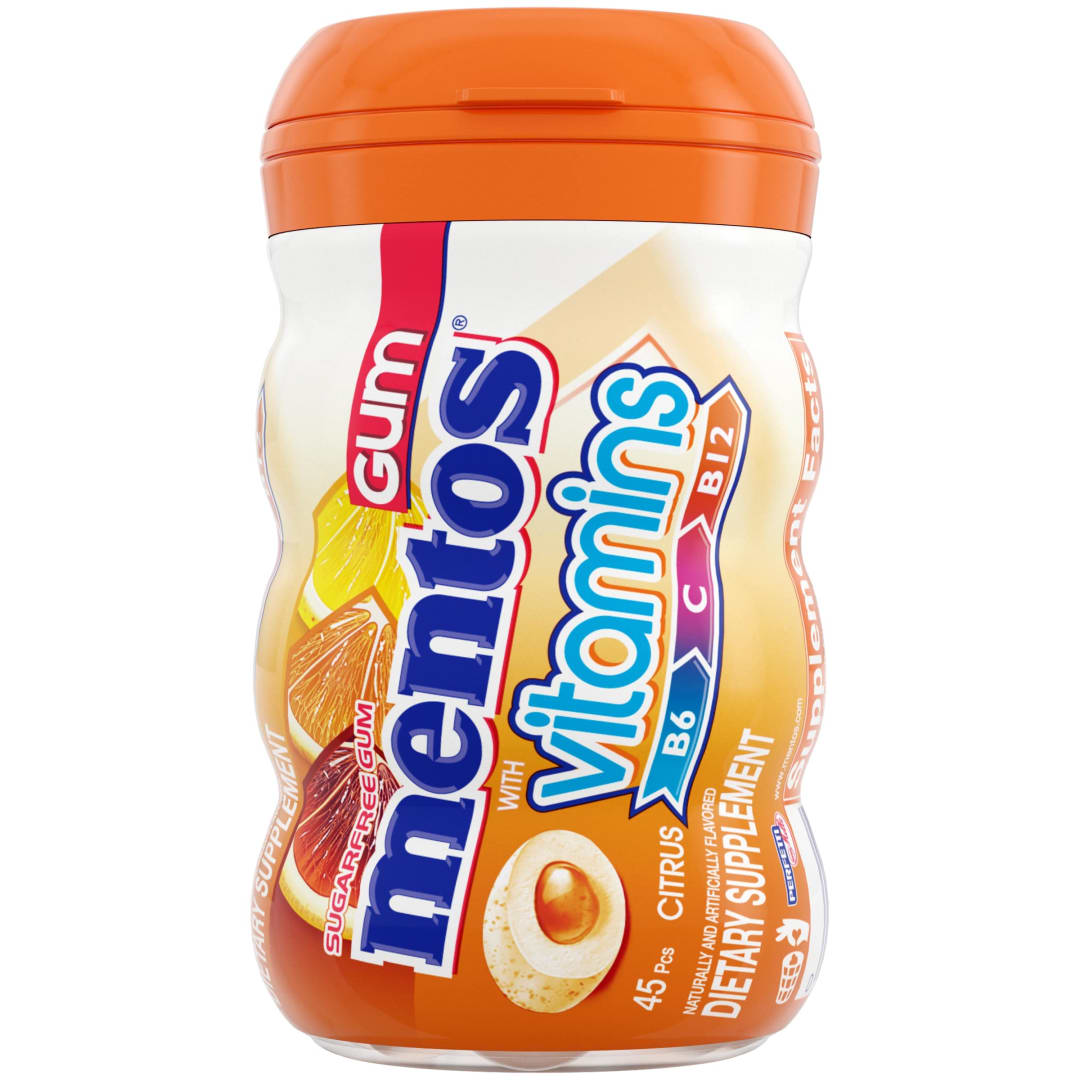 Mentos Gum with Vitamins Sugar Free Chewing Gum Citrus 45 pc Curvy Bottle