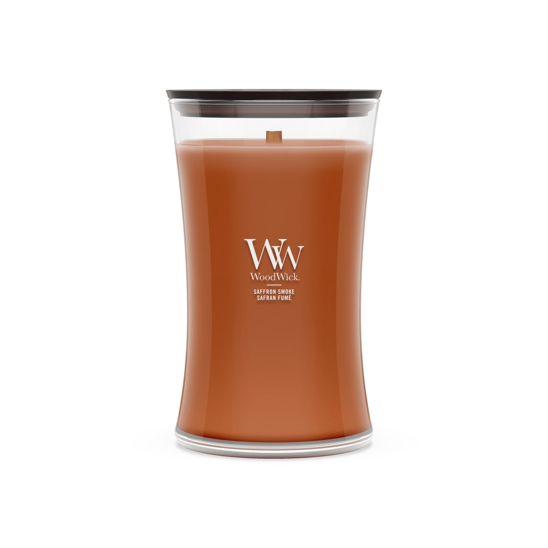 WoodWick Vela perfumada | Vela grande en forma de reloj de arena | Saffron Smoke | Regalos perfectos para mujeres