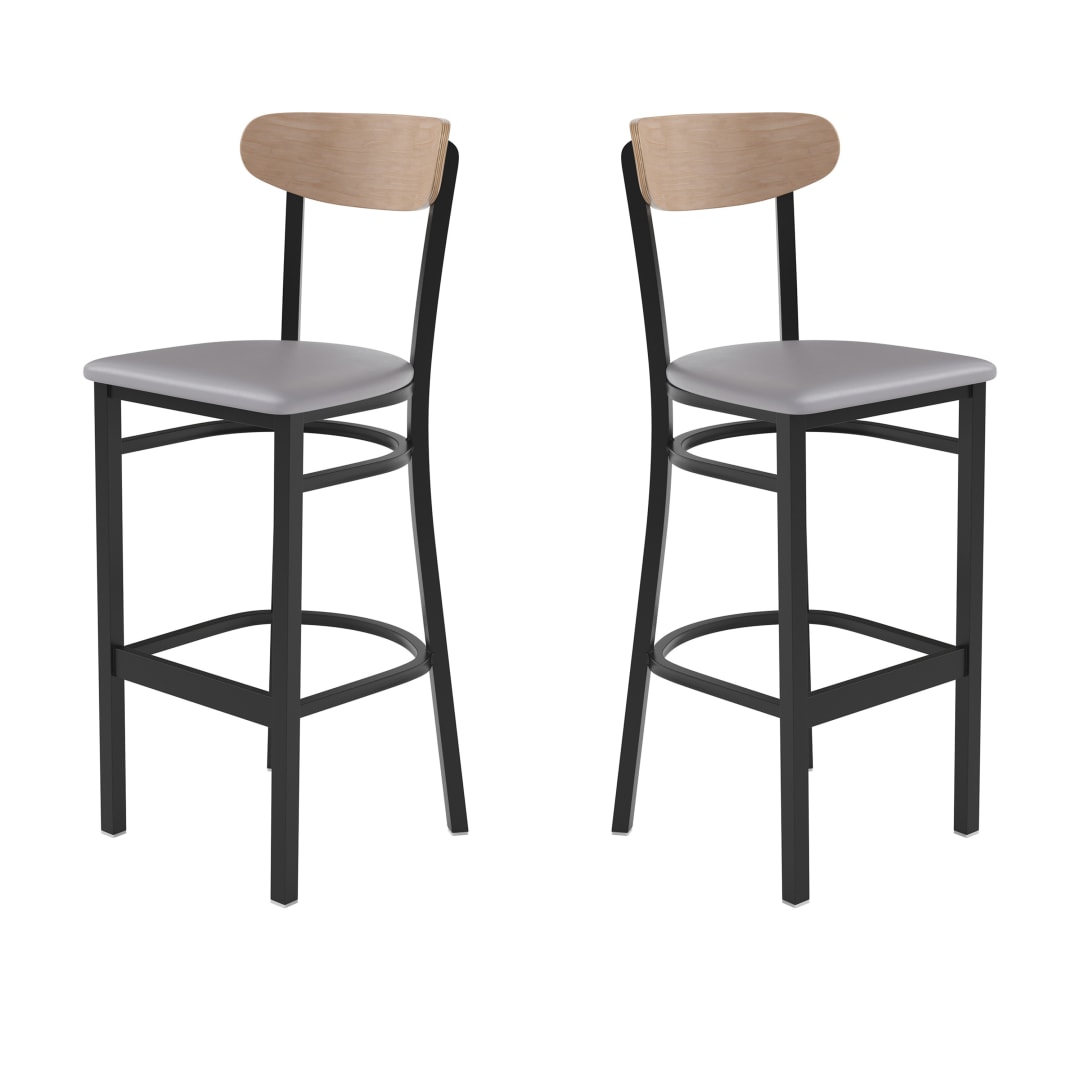 Wright Set of 2 Commercial Barstools with 500 LB. Capacity Black Steel Frame, Natural Birch Finish Wooden Boomerang Back, and Gray Vinyl Seat