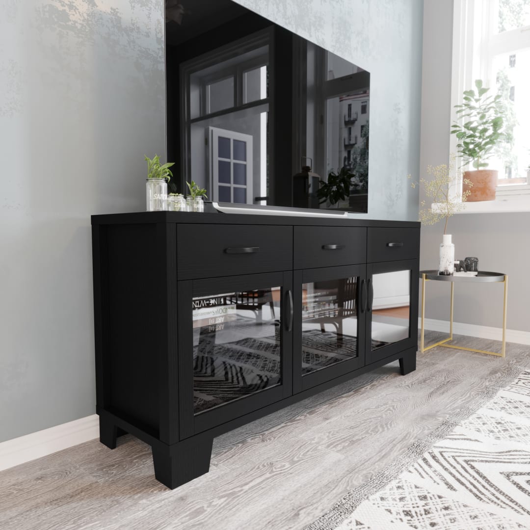 Wells Black 59 Inch Modern Kitchen and Dining Room Buffet Sideboard Storage Cabinet, Engineered Wood with 3 Tempered Glass Doors and 3 Drawers