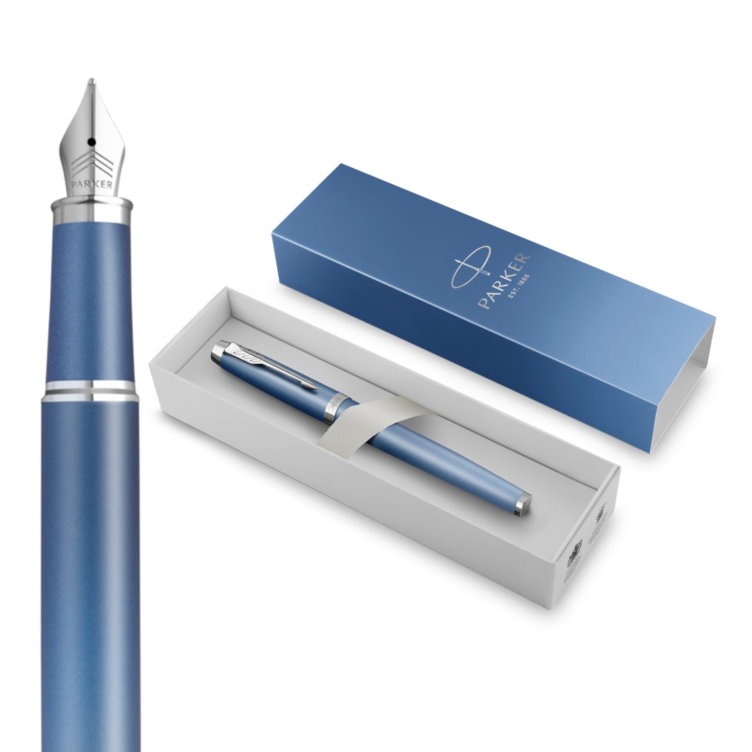 Pluma estilogrfica Parker IM Writing Rituals, acabado Azul degradado con adornos cromados, plumn mediano, tinta azul, estuche de regalo