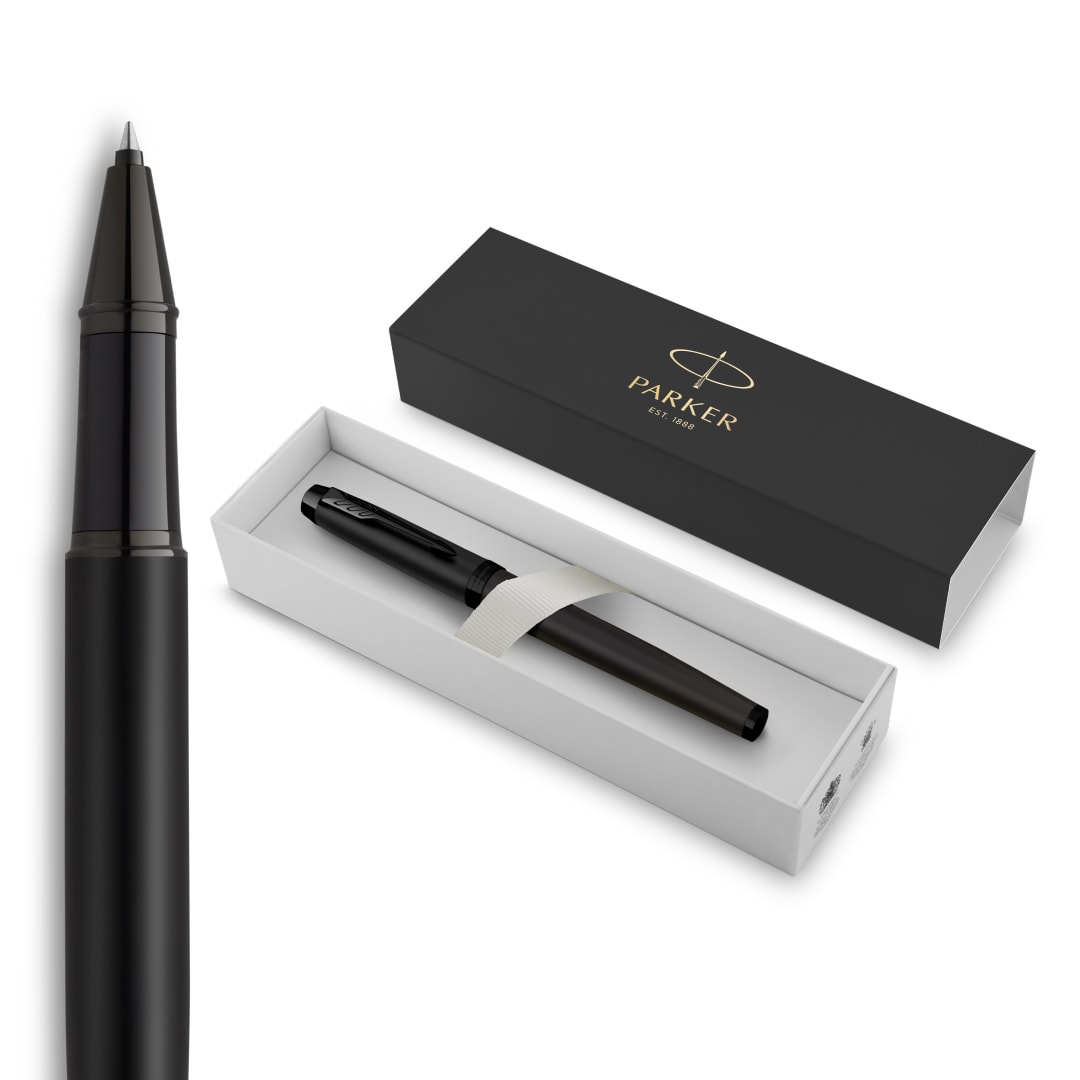 Parker Im Bolígrafo Roller, Negro Mate Con Adornos Negros, Punta Fina Con Recambio De Tinta Negra, Estuche De Regalo