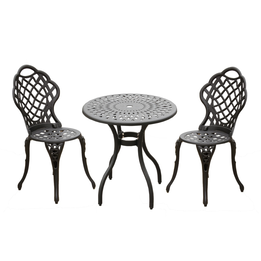 Ornate Outdoor Patio Garden Mesh Aluminum Black 3 Piece Bistro Set