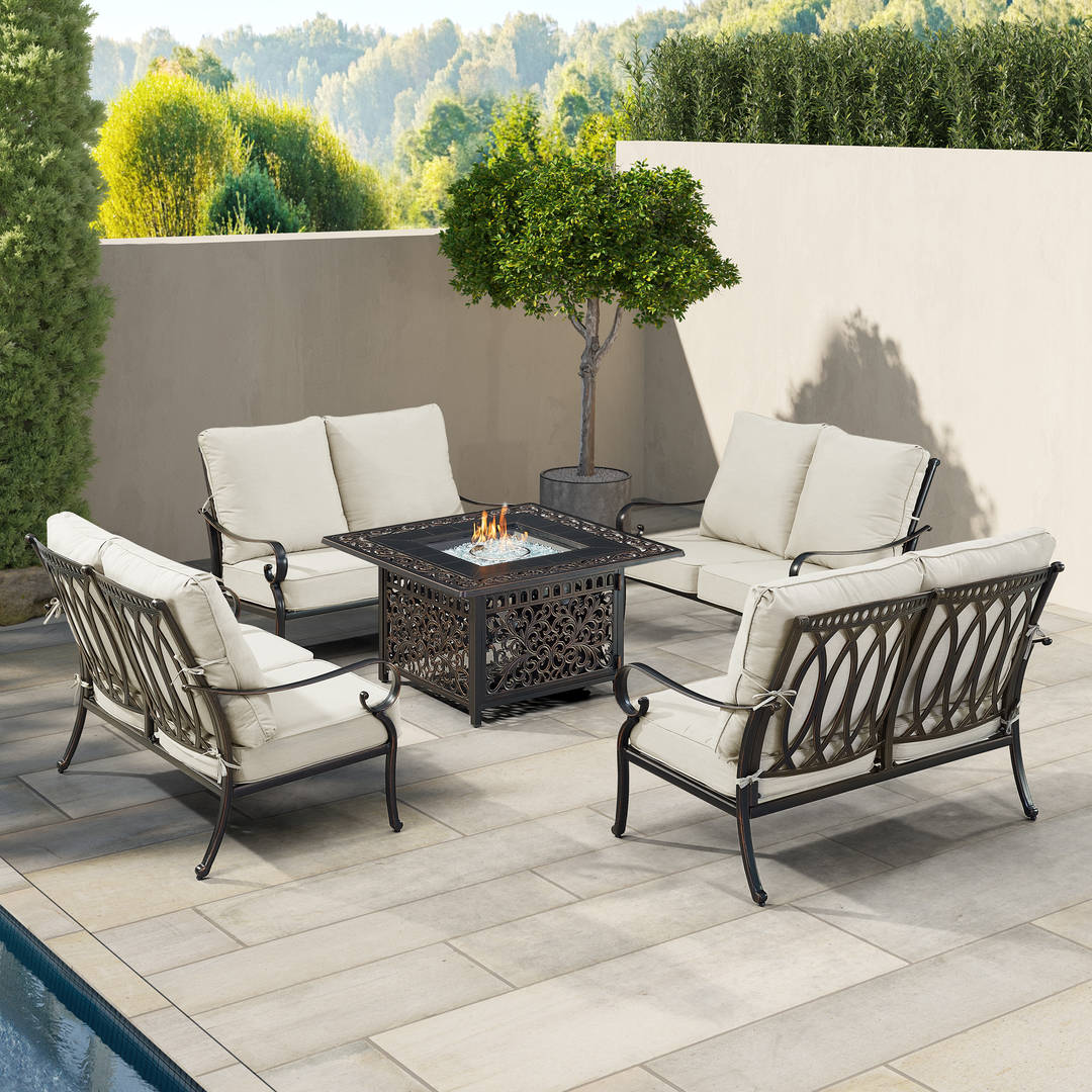 Black Aluminum Patio Fire Table Set with Four Deep Seating Loveseat with Cushions