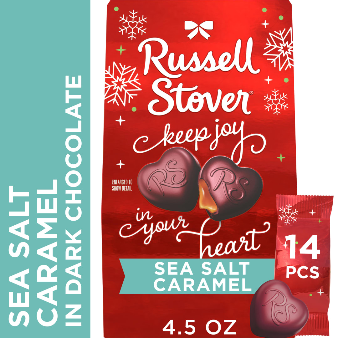 RUSSELL STOVER Christmas Sea Salt Caramel Hearts in Dark Chocolate Candy Gift Bag, 4.25 oz.