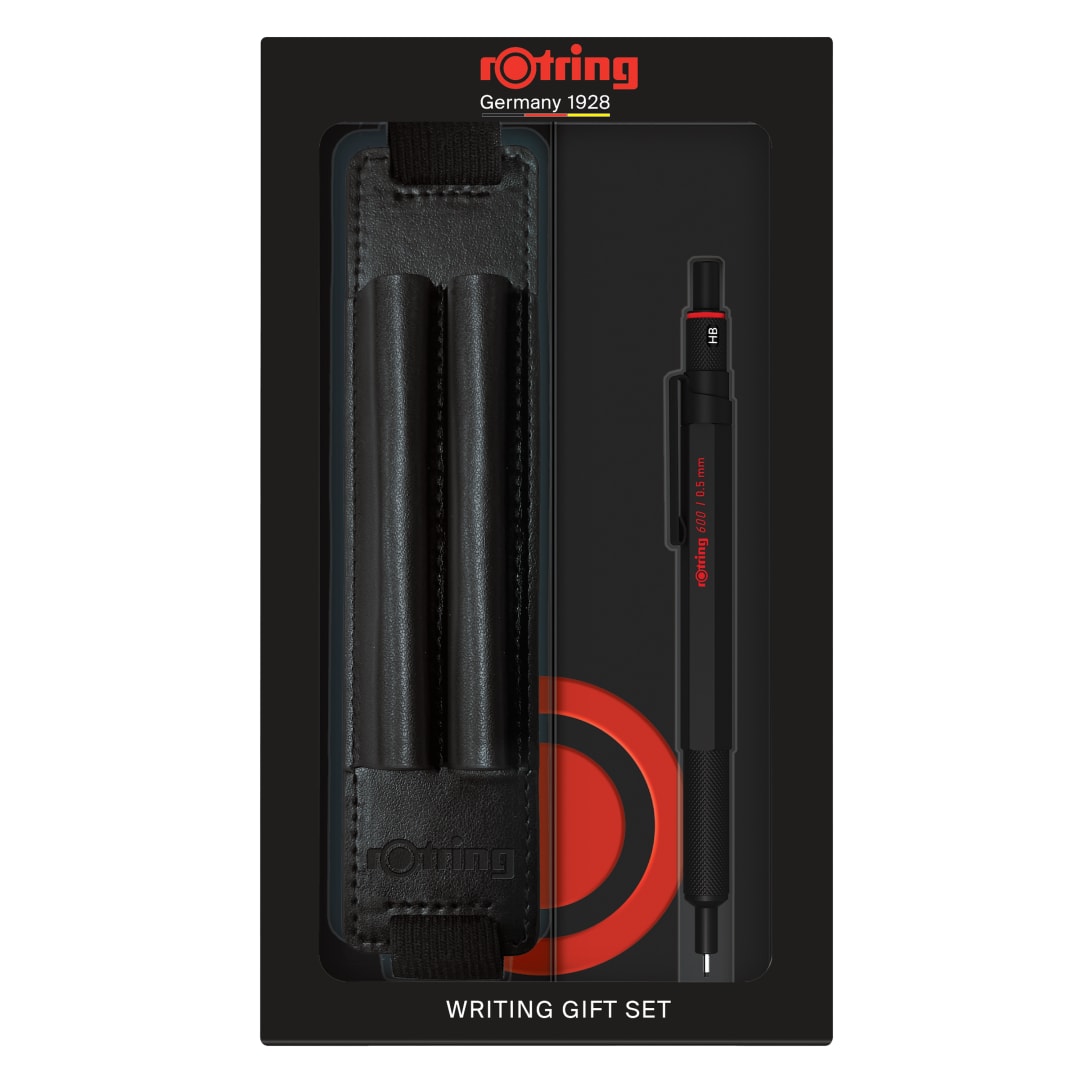rOtring 600 Juego para regalo con portaminas de 0,5mmestuche de poliuretano y bloc de notas | Portaminas de cuerpo metalizado | Negro | Empuñadura estriada antideslizante y cuerpo hexagonal