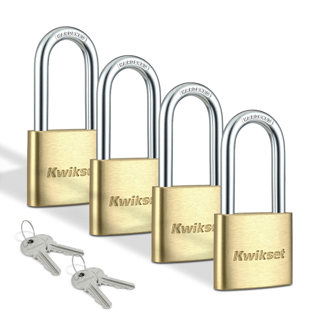 Kwikset Brass Padlock with Hardened Steel Shackle, 1-9/16 in Body, 1-1/2 in Shackle, 4 Pack