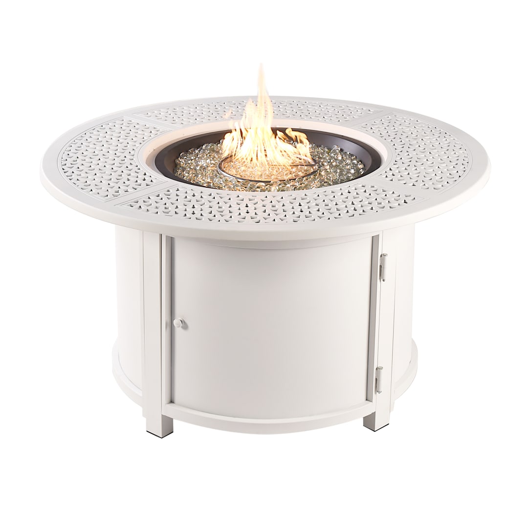 Round 44 in. x 44 in. Aluminum Propane Fire Pit Table with Glass Beads, Two Covers, Lid, 55,000 BTUs in White Finish
