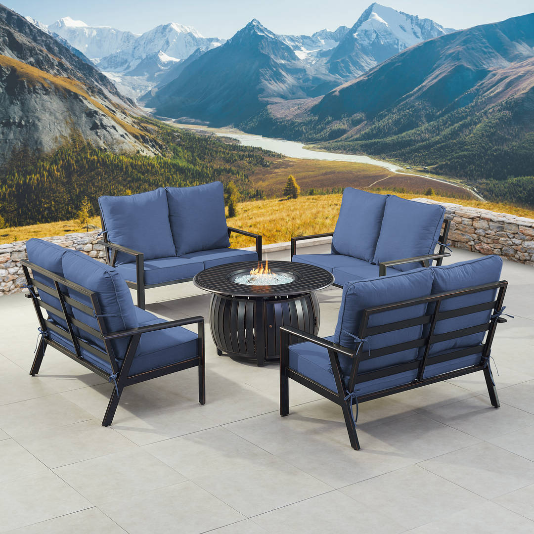 Black Aluminum Patio Fire Table Set with Four Deep Seating Loveseats with Cushions