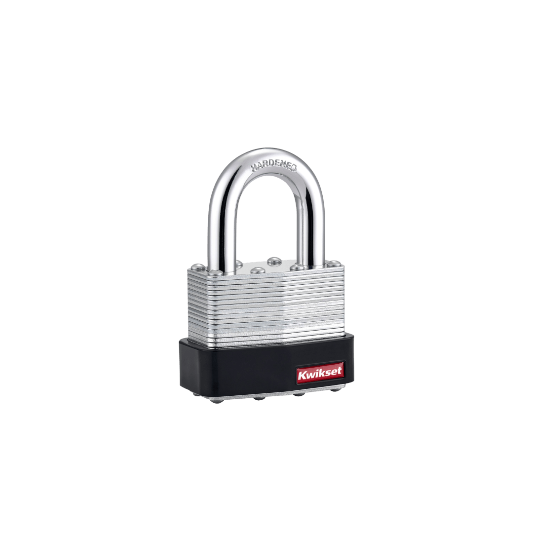 Kwikset Laminated Steel Padlock with Hardened Steel Shackle, 2 in Body, 1-1/8 in Shackle, 1 Pack