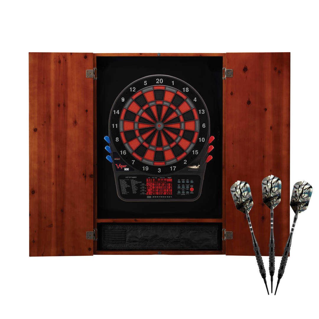 Viper Metropolitan Electronic Soft Tip Dartboard and Cabinet Bundle: Premium Set (800 Dartboard and Darts), Cinnamon Finish