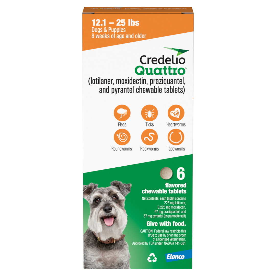 Credelio Quattro Chewable Tablets for Dogs 12.1-25 lbs, 6-in-1 Parasite Protection (6 Month Supply)