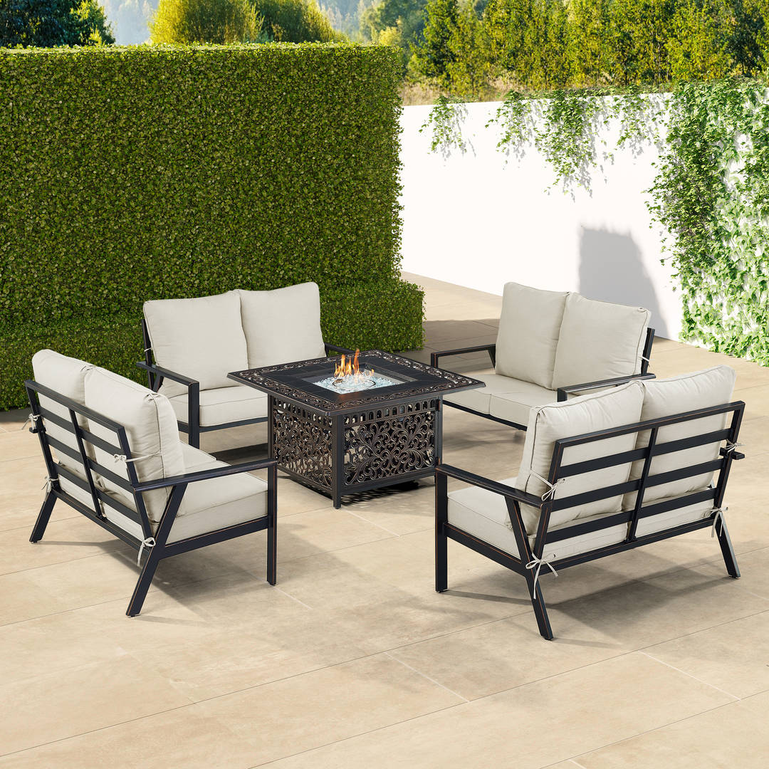 Black Aluminum Patio Fire Table Set with Four Deep Seating Loveseats with Cushions